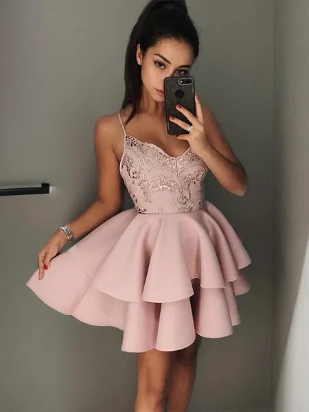 A-Line/Princess V-neck Short/Mini Satin Homecoming Dress