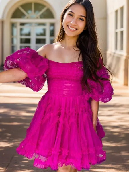 A-line Straight Short Sleeves Ruffles Short/Mini Tulle Corset Homecoming Dress