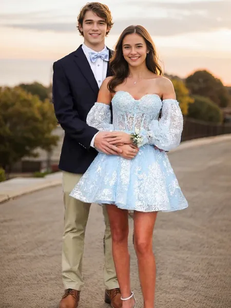 A-line Sweetheart Long Sleeves Appliques Lace Short/Mini Lace Corset Homecoming Dress