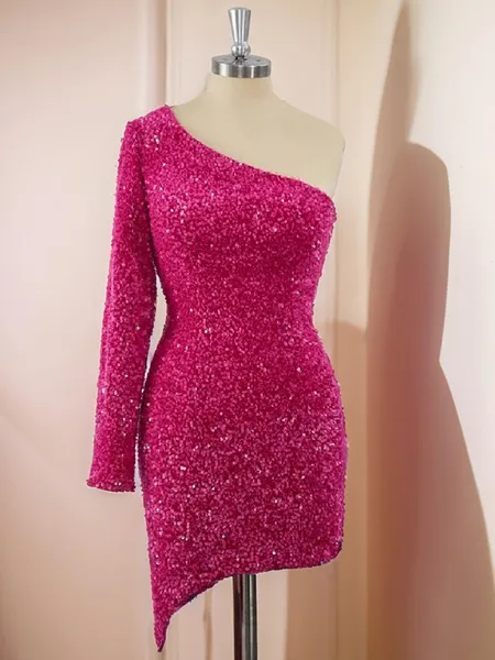 Sheath Long Sleeves Velvet Sequins One-Shoulder Short/Mini Homecoming Dress