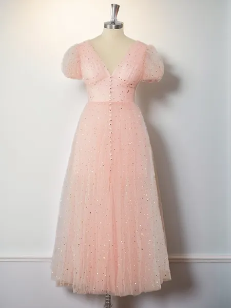 A-line Short Sleeves Tulle V-neck Pleated Tea-Length Homecoming Dress