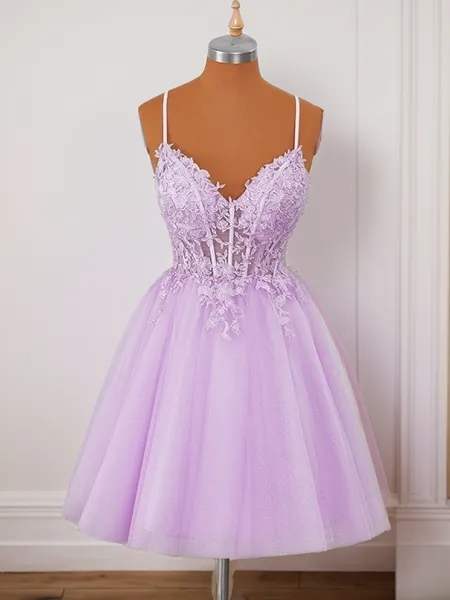 A-line Tulle V-neck Appliques Lace Corset Short/Mini Homecoming Dress