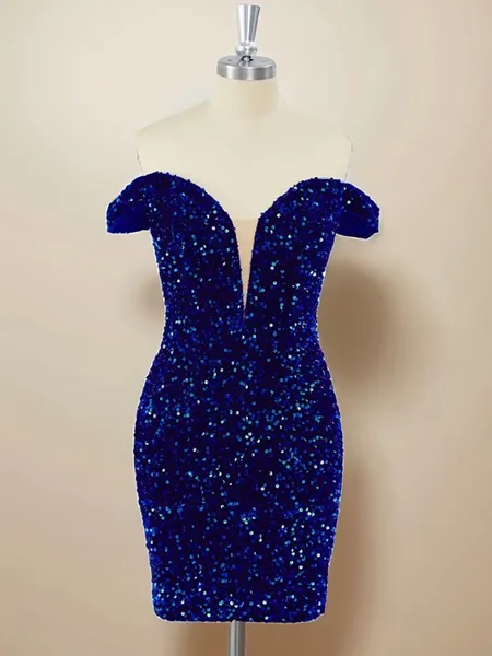 Sheath Velvet Sequins Off-the-Shoulder Short/Mini Dress