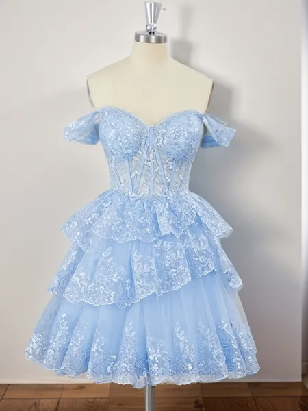 Ball-Gown Tulle Off-the-Shoulder Appliques Lace Corset Short/Mini Homecoming Dress