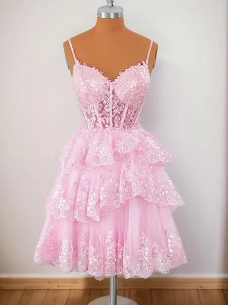 Ball-Gown Tulle V-neck Appliques Lace Corset Short/Mini Homecoming Dress