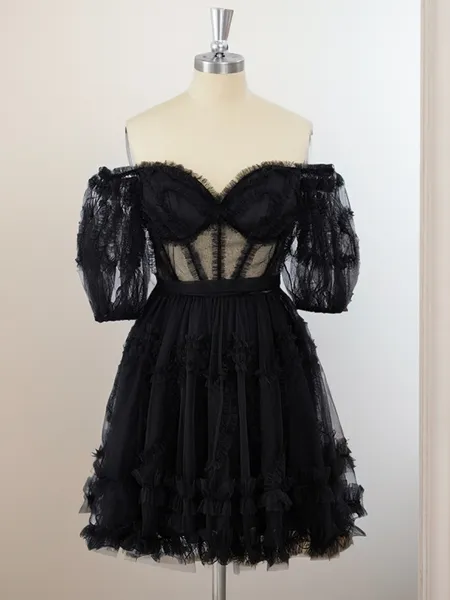 A-line Short Sleeves Tulle Off-the-Shoulder Ruffles Corset Short/Mini Homecoming Dress