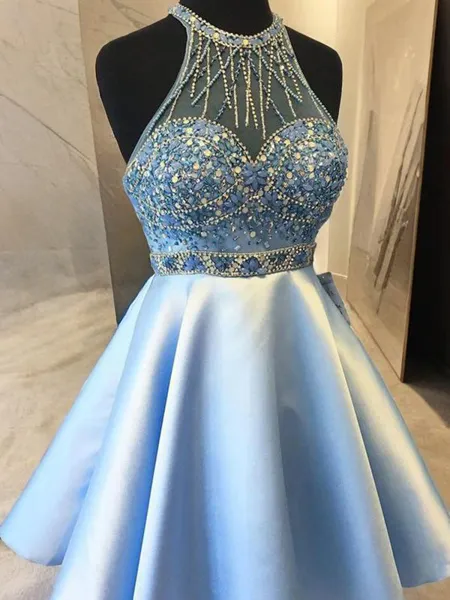 A-Line/Princess Halter Short/Mini Satin Homecoming Dress With Beading