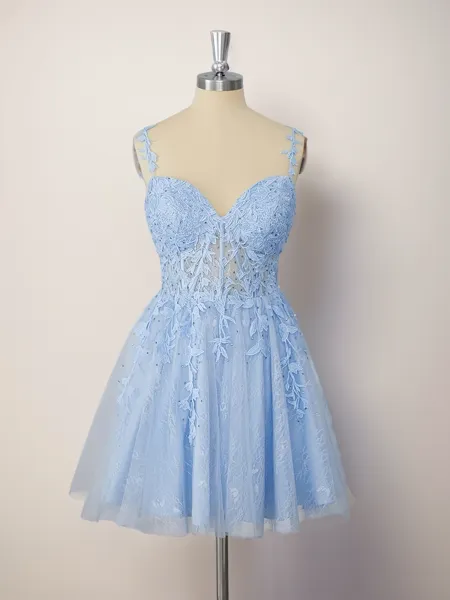 A-line Tulle Spaghetti Straps Appliques Lace Corset Short/Mini Homecoming Dress