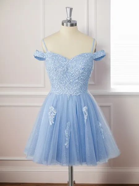 A-line Tulle Off-the-Shoulder Appliques Lace Short/Mini Homecoming Dress