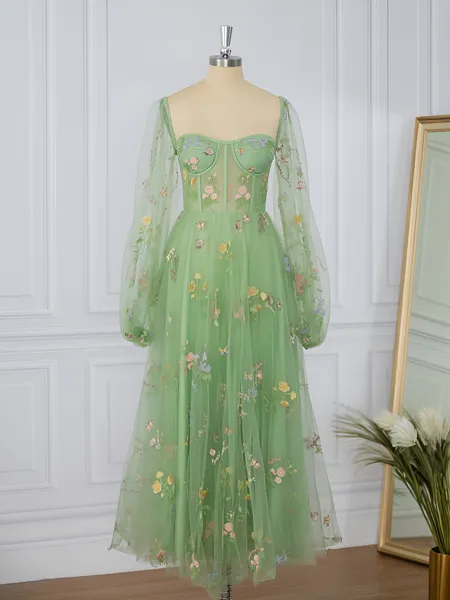 A-line Long Sleeves Lace Sweetheart Flower Corset Tea-Length Homecoming Dress