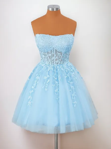 A-line Tulle Strapless Appliques Lace Corset Short/Mini Homecoming Dress