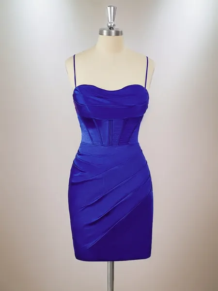 Sheath Silk Like Satin Spaghetti Straps Pleated Corset Short/Mini Homecoming Dress