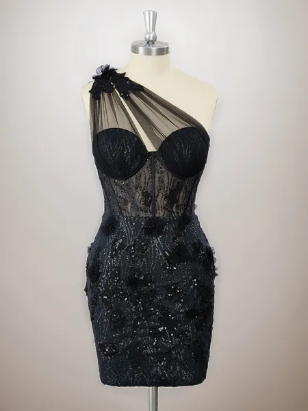 Sheath Tulle One-Shoulder Appliques Lace Corset Short/Mini Homecoming Dress