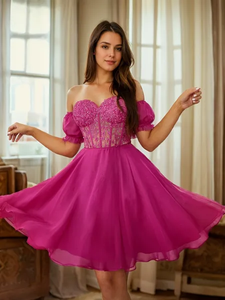 A-line Sweetheart Short Sleeves Appliques Lace Short/Mini 30D Chiffon Corset Convertible Homecoming Dress