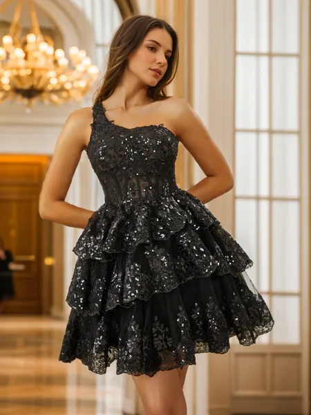 Ball-Gown One-Shoulder Appliques Lace Short/Mini Tulle Corset Homecoming Dress