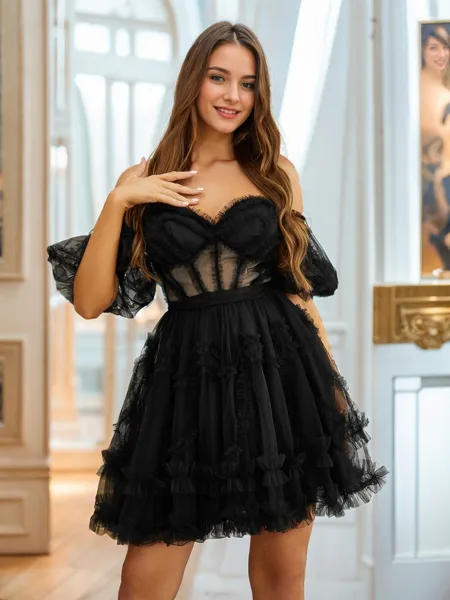 A-line Off-the-Shoulder Short Sleeves Ruffles Short/Mini Tulle Corset Homecoming Dress