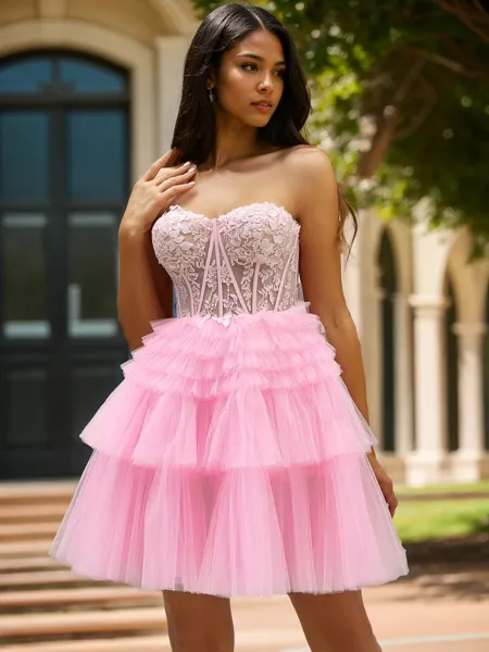 Ball-Gown Sweetheart Appliques Lace Short/Mini Tulle Corset Homecoming Dress