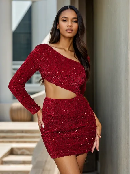 Sheath One-Shoulder Long Sleeves Short/Mini Velvet Sequins Homecoming Dress