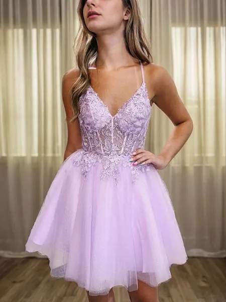 A-line V-neck Appliques Lace Short/Mini Tulle Corset Homecoming Dress