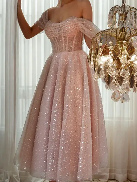 A-line Off-the-Shoulder Pleated Ankle-Length Corset Homecoming Dress