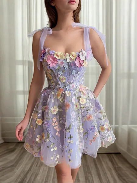 A-line Straps Appliques Lace Short/Mini Tulle Corset Homecoming Dress