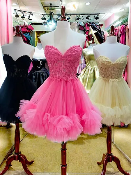 A-line Sweetheart Appliques Lace Short/Mini Tulle Corset Homecoming Dress