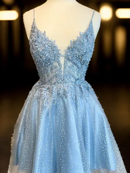 A-line V-neck Appliques Lace Short/Mini Satin Homecoming Dress