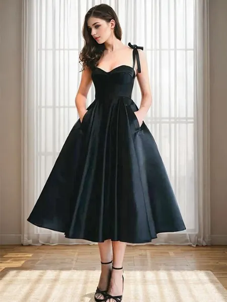 A-line Sweetheart Ruffles Tea-Length Satin Homecoming Dress