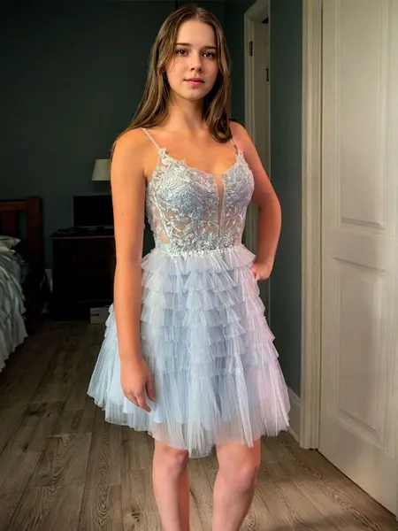 A-line Spaghetti Straps Appliques Lace Short/Mini Tulle Corset Homecoming Dress