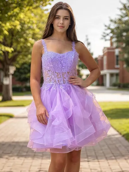 A-line Straps Appliques Lace Short/Mini Tulle Corset Homecoming Dress