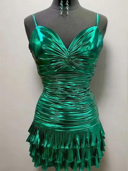 Sheath Spaghetti Straps Pleated Short/Mini Metallic Satin Dress