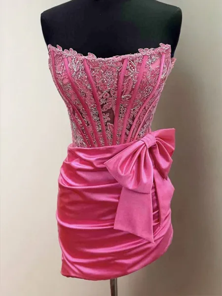 Sheath Straight Bow Short/Mini Silk Like Satin Corset Homecoming Dress