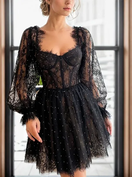 A-line Square Long Sleeves Appliques Lace Short/Mini Tulle Corset Homecoming Dress