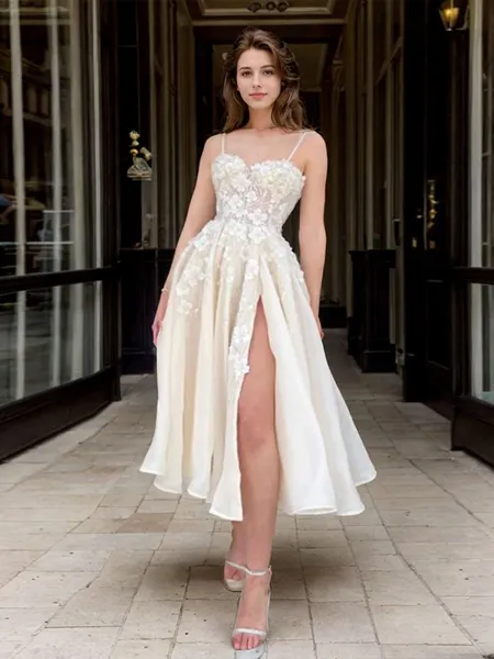 A-line Spaghetti Straps Appliques Lace Tea-Length Organza Homecoming Dress