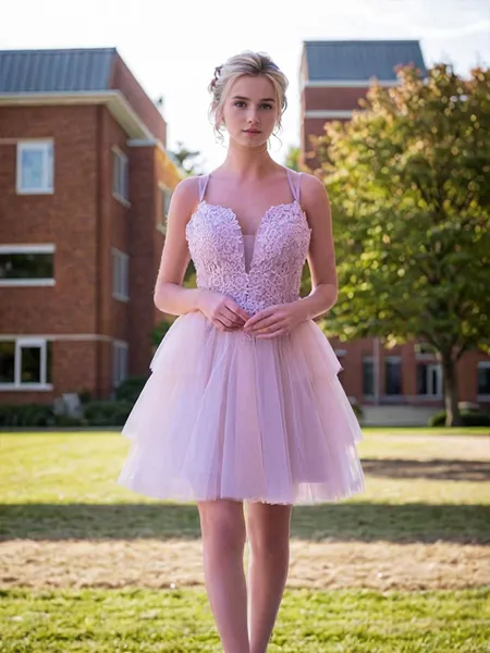 A-line Spaghetti Straps Appliques Lace Short/Mini Tulle Homecoming Dress