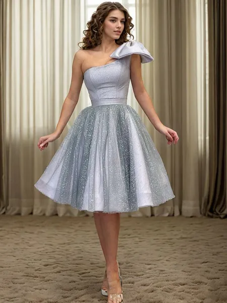 A-line One-Shoulder Bow Knee-Length Tulle Homecoming Dress