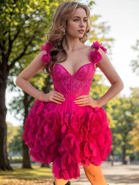 A-line Straps Flower Short/Mini Tulle Corset Homecoming Dress