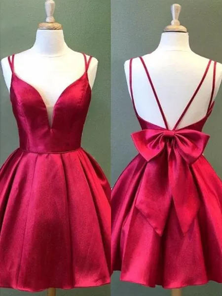 A-Line/Princess Spaghetti Straps Short/Mini Satin Homecoming Dress With Bow
