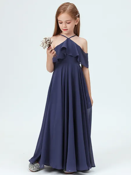 A-Line/Princess Halter Ankle-Length Chiffon Junior Bridesmaid Dresses With Ruffles