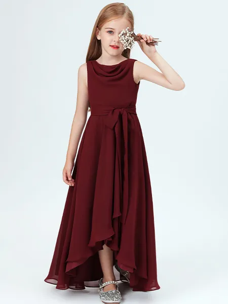 A-Line/Princess Scoop Asymmetrical Chiffon Junior Bridesmaid Dresses With Belt/Sash