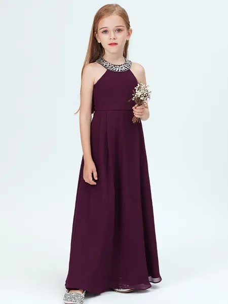 A-Line/Princess Jewel Floor-Length Chiffon Junior Bridesmaid Dresses With Rhinestone