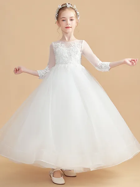 Ball Gown Scoop Ankle-Length Tulle Junior Bridesmaid Dresses With Appliques Lace