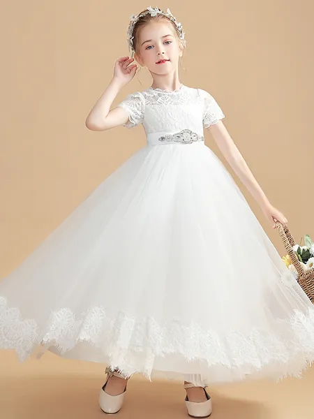 A-Line/Princess Scoop Ankle-Length Tulle Junior Bridesmaid Dresses With Belt/Sash