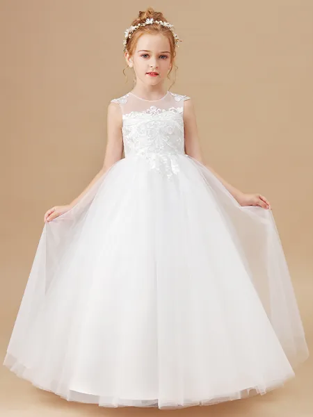 A-Line/Princess Scoop Ankle-Length Tulle Junior Bridesmaid Dresses With Appliques Lace