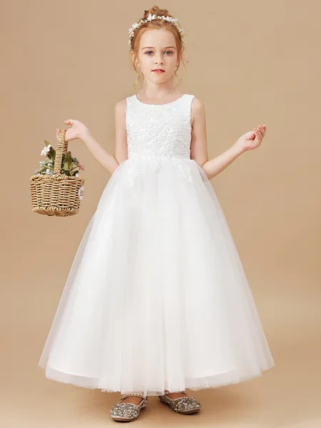 A-Line/Princess Scoop Ankle-Length Tulle Junior Bridesmaid Dresses With Bow
