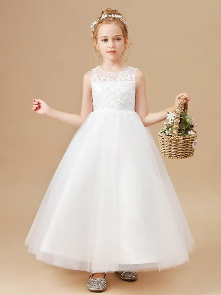 A-Line/Princess Scoop Ankle-Length Tulle Junior Bridesmaid Dresses With Appliques Lace