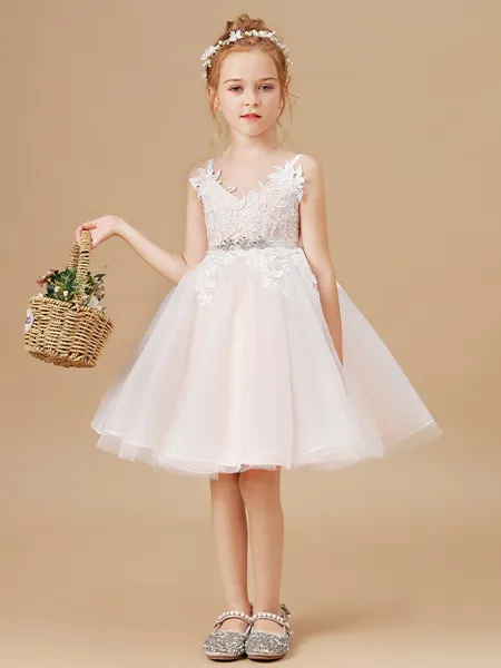 A-Line/Princess V-neck Knee-Length Tulle Junior Bridesmaid Dresses With Belt/Sash