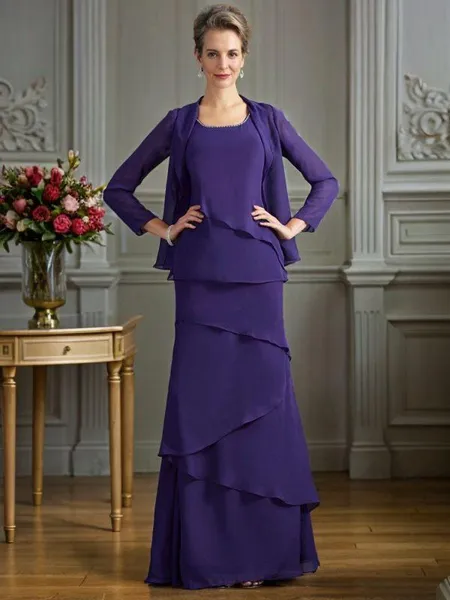 Sheath/Column Scoop Floor-Length Chiffon Mother of the Bride Dresses With Ruffles