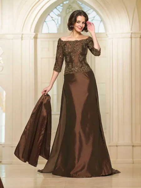 A-Line/Princess Off-the-Shoulder Sweep Train Taffeta Mother of the Bride Dresses With Beading