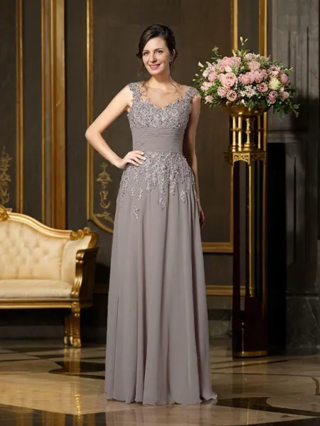 A-Line/Princess Scoop Floor-Length Chiffon Mother of the Bride Dresses With Beading